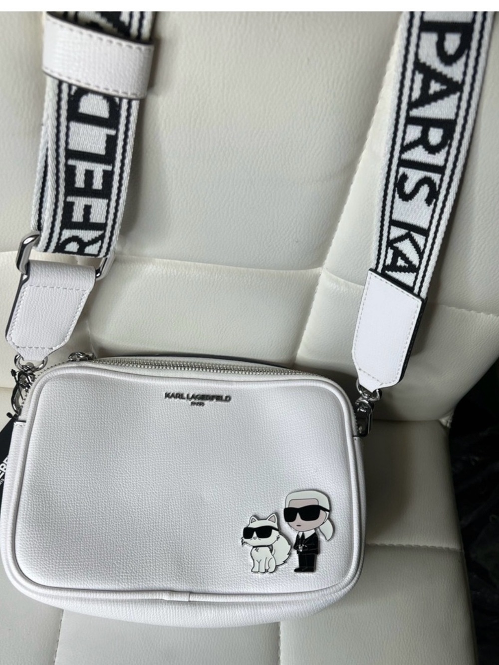 Karl Lagerfeld White Leather Crossbody Bag with PARIS Logo Strap